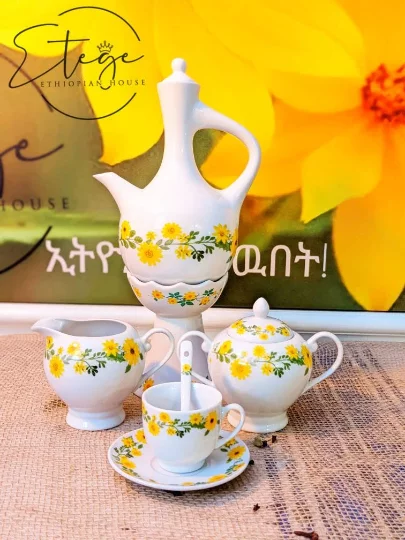 Adey Abeba™- 24 pcs Complete Coffee Set-1 INCENSE BURNER, 1 Jebena,6 cups, 6 Saucers,6 Spoons, 1 Milk Cup and 1 Sugar Cup*FREE Shipping*