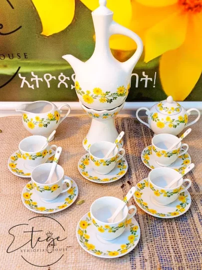 Adey Abeba™- 24 pcs Complete Coffee Set-1 INCENSE BURNER, 1 Jebena,6 cups, 6 Saucers,6 Spoons, 1 Milk Cup and 1 Sugar Cup*FREE Shipping* - Image 3