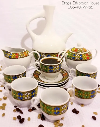 23 pcs Ethiopian/Eritrean Coffee Ceremony Set, TEBEB Edition. Jebena,6 cups, 6 saucers,6 Spoons, Milk Cup and Sugar Cup.
