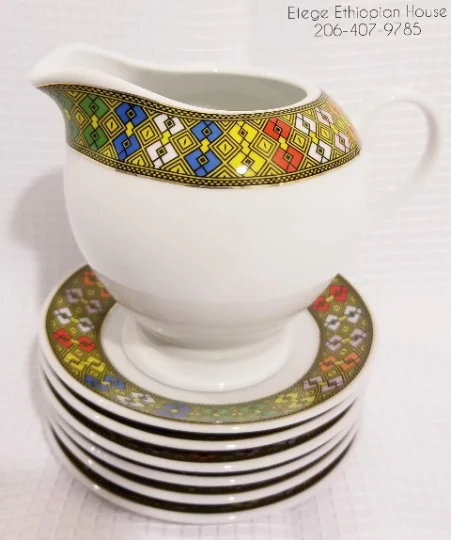 23 pcs Ethiopian/Eritrean Coffee Ceremony Set, TEBEB Edition. Jebena,6 cups, 6 saucers,6 Spoons, Milk Cup and Sugar Cup. - Image 3