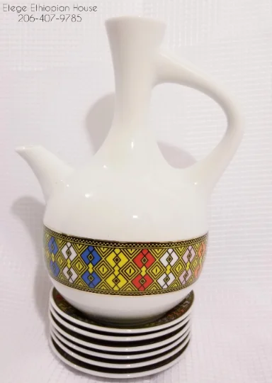 23 pcs Ethiopian/Eritrean Coffee Ceremony Set, TEBEB Edition. Jebena,6 cups, 6 saucers,6 Spoons, Milk Cup and Sugar Cup. - Image 4