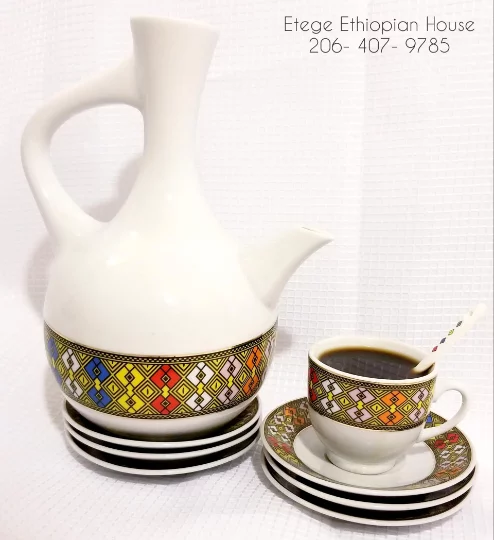 23 pcs Ethiopian/Eritrean Coffee Ceremony Set, TEBEB Edition. Jebena,6 cups, 6 saucers,6 Spoons, Milk Cup and Sugar Cup. - Image 5