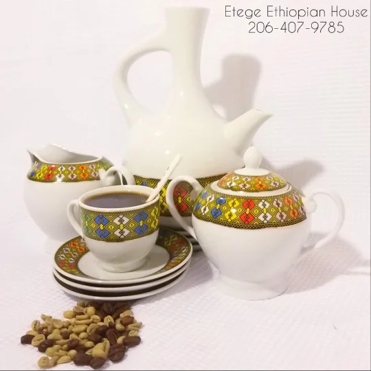 23 pcs Ethiopian/Eritrean Coffee Ceremony Set, TEBEB Edition. Jebena,6 cups, 6 saucers,6 Spoons, Milk Cup and Sugar Cup. - Image 6