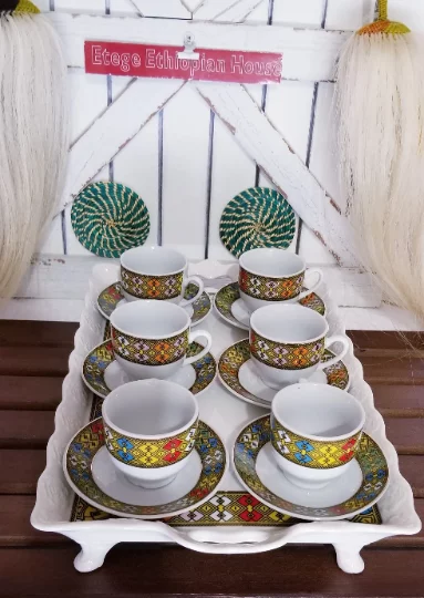 Ceramic Rekebot Tray Set - Ethiopian & Eritrean 14' Durable Ceramic Coffee Serving Tray with 6 cups and 6 Saucers