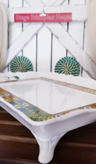 Ceramic Rekebot Tray Set - Ethiopian & Eritrean 14' Durable Ceramic Coffee Serving Tray with 6 cups and 6 Saucers - Image 2