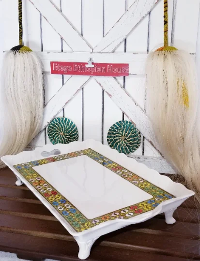 Ceramic Rekebot Tray Set - Ethiopian & Eritrean 14' Durable Ceramic Coffee Serving Tray with 6 cups and 6 Saucers - Image 3