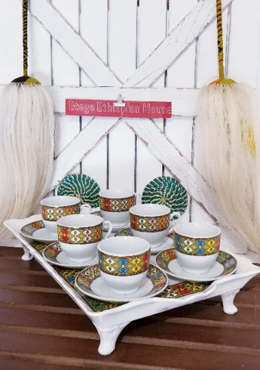 Ceramic Rekebot Tray Set - Ethiopian & Eritrean 14' Durable Ceramic Coffee Serving Tray with 6 cups and 6 Saucers - Image 5