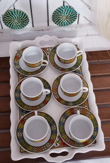 Ceramic Rekebot Tray Set - Ethiopian & Eritrean 14' Durable Ceramic Coffee Serving Tray with 6 cups and 6 Saucers - Image 6