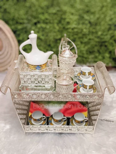 Large Ethiopian/Eritrean/- Rekebot Cultural Coffee Table Set of 4- SILVER ( coffee set is sold separately)