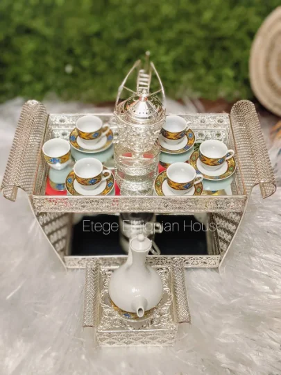 Large Ethiopian/Eritrean/- Rekebot Cultural Coffee Table Set of 4- SILVER ( coffee set is sold separately) - Image 8