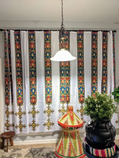 2 Pcs Curtain set- Etege's Tilet Design-High Quality Polyester Fabric With BEAUTIFUL CROSS ART. Prices and size vary