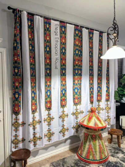 2 Pcs Curtain set- Etege's Tilet Design-High Quality Polyester Fabric With BEAUTIFUL CROSS ART. Prices and size vary - Image 4