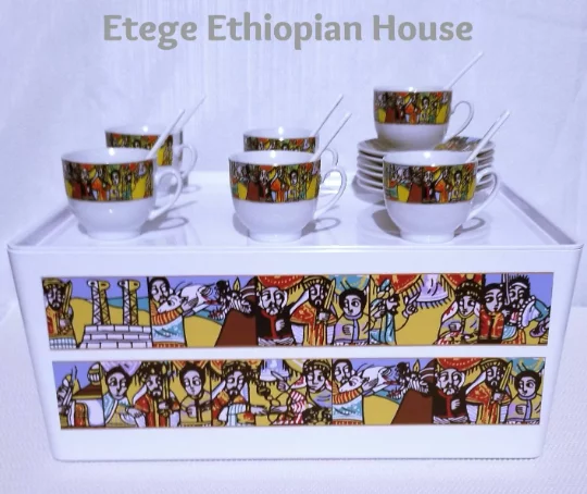 14 pcs Rekebot Set - Ethiopian & Eritrean coffee serving Tray with 6 cups, 6 Saucers