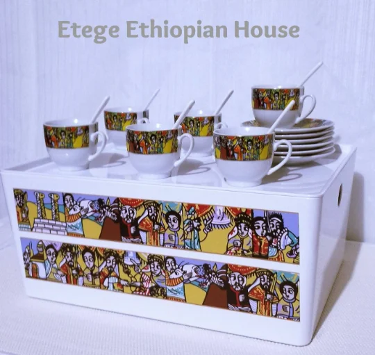 14 pcs Rekebot Set - Ethiopian & Eritrean coffee serving Tray with 6 cups, 6 Saucers - Image 3