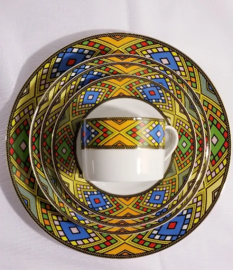 20 Pcs Ethiopian/Eritrean Dinner Plate Set, Tílét (ጥለት) Edition (Best Quality)
