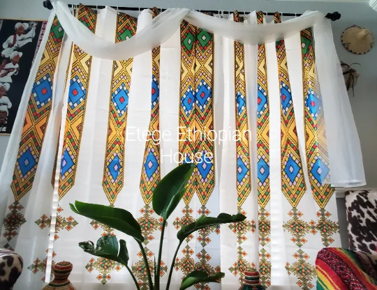 2 Pieces Curtain set-Tebeb Design - High Quality Polyester Fabric 72 x 72 (6ft each) with 12 white grommets. ( Customized Sizes Available).