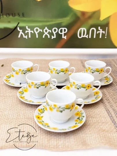 Adey Abeba™-18 pcs Ethiopian Traditional Coffee Cups Set- 6 Cups and 6 Saucers and 6 Spoons. - Image 3