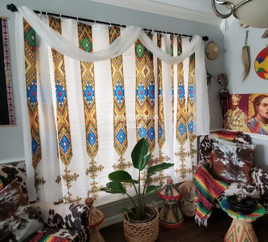 2 Pieces Curtain set-Tebeb Design - High Quality Polyester Fabric 72 x 72 (6ft each) with 12 white grommets. ( Customized Sizes Available). - Image 2
