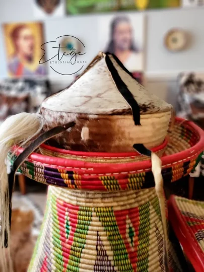 Large Agelgel Ethiopian Basket- Hand Made with natural grass straws and Cowhide cover BEST for Decoration and Gift- Ships Fast and Free - Image 6