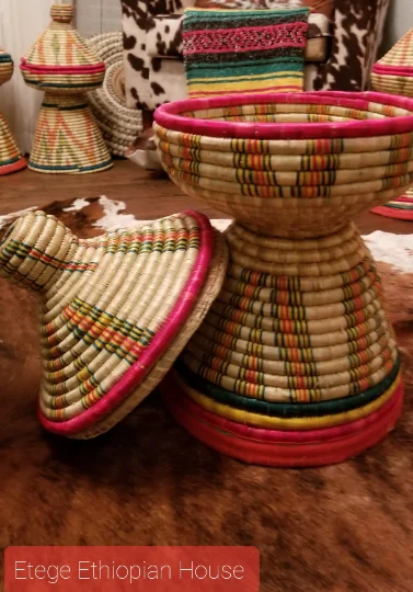 Hand Made Mesobwerk Basket- Ethiopian Eritrean Exquisite Hand Woven Decorative & Serving Basket (9 wide, 15' tall) Designs Differ - Image 2