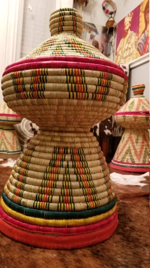 Hand Made Mesobwerk Basket- Ethiopian Eritrean Exquisite Hand Woven Decorative & Serving Basket (9 wide, 15' tall) Designs Differ - Image 3