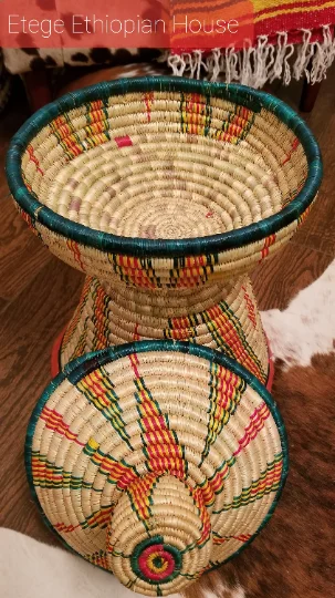 Hand Made Mesobwerk Basket- Ethiopian Eritrean Exquisite Hand Woven Decorative & Serving Basket (9 wide, 15' tall) Designs Differ - Image 5