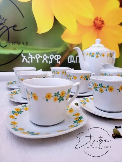 Adey Abeba™ Square Design 17 PCS Ethiopian/Eritrean Tea Set - 6 Cups, 6 Saucers, Milk Cup, Sugar Cup & Tea Pot With Lid. Gift, High Quality. - Image 2